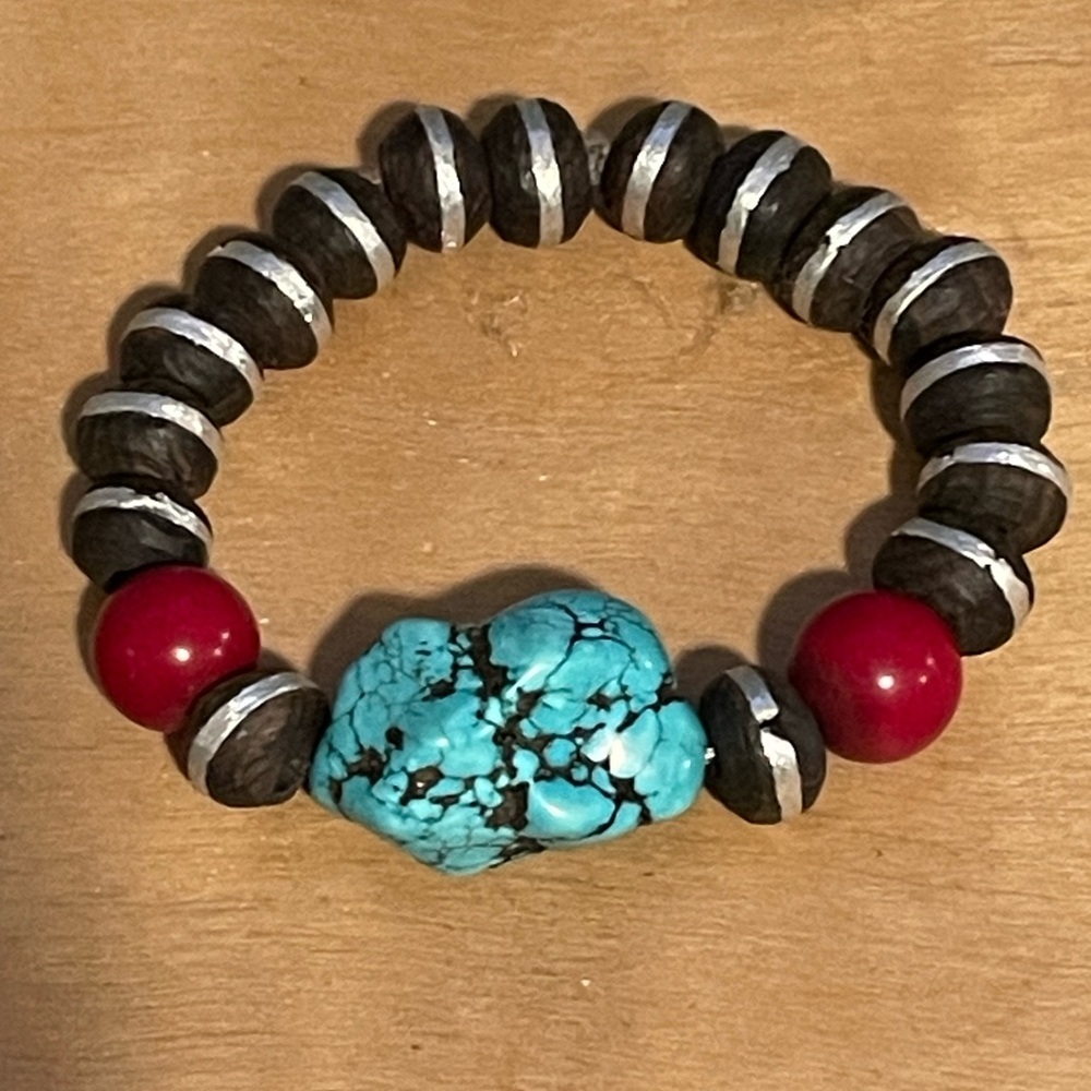 Turquoise, Coral and African Wood Bead Bracelet - Picture 2 of 6